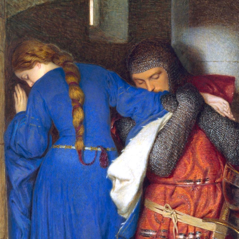 May include: A painting of a woman in a blue dress and a man in armor. The woman is leaning against a wall and the man is holding her. The man's head is resting on the woman's shoulder.