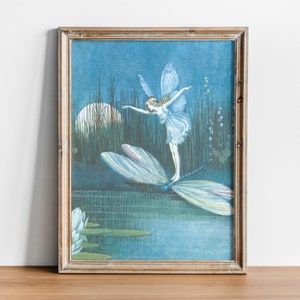 Vintage Antique Fairy Art, Fairy and Dragonfly, Reproduction Victorian Fairy Illustration, Ida Rentoul Outhwaite, Fine Art Print, Blue Fairy