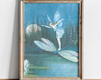 Vintage Antique Fairy Art, Fairy and Dragonfly, Reproduction Victorian Fairy Illustration, Ida Rentoul Outhwaite, Fine Art Print, Blue Fairy