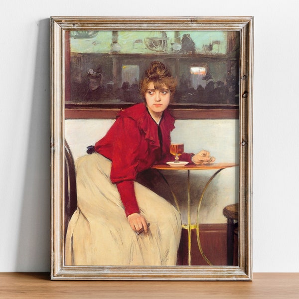 Victorian Woman in Red at a French Cafe with Beer and Cigar, Ramon Casas, High Quality Art Print,  Antique Victorian Bar Restaurant Painting