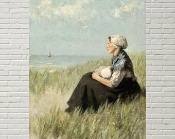 Woman and Child Antique Farm Landscape, Cornfield, Summer