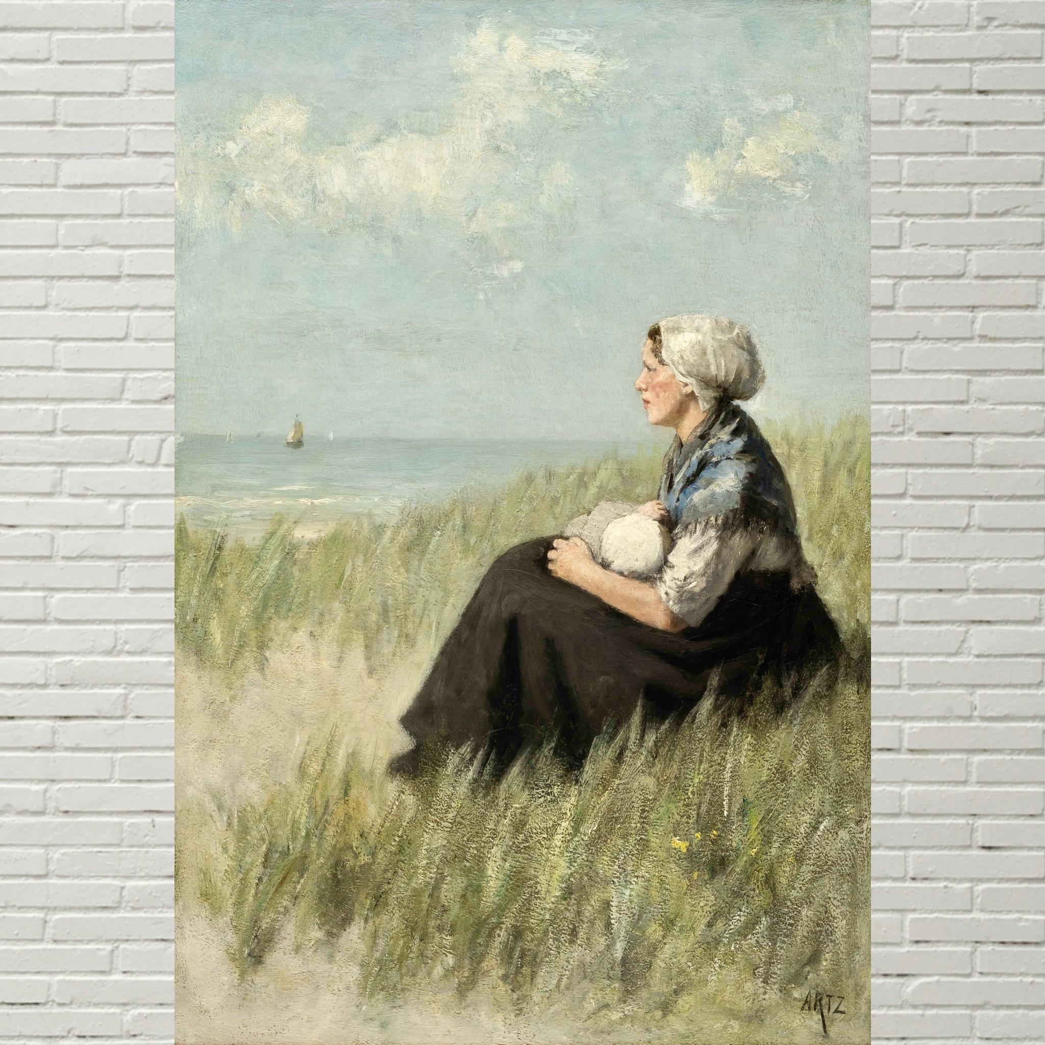 Woman and Child Antique Farm Landscape, Cornfield, Summer