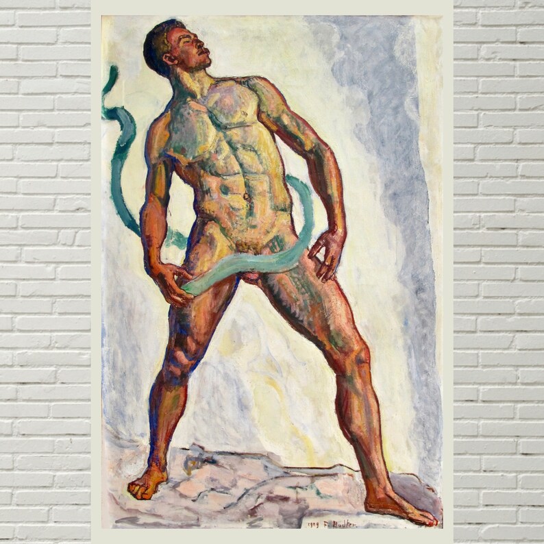 Puede incluir: Una pintura de una figura masculina desnuda de pie con una cinta verde alrededor de la cintura. La figura est&aacute; pintada en un estilo realista con un enfoque en la musculatura del cuerpo. El fondo es azul claro y blanco.