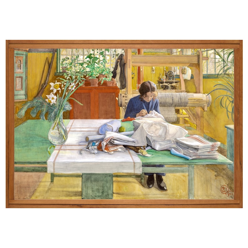 May include: A watercolor painting depicting a woman sewing in a room with a loom in the background. The room is filled with natural light and has a yellow wall, a green table, and a vase of flowers. The woman is wearing a blue dress and is sitting at the table, surrounded by fabric and other sewing supplies.