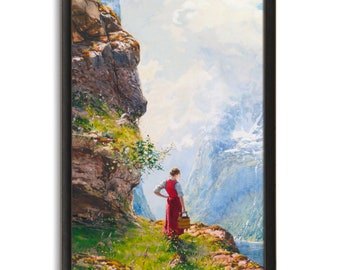 A Young Girl by a Fjord, Hans Dahl, High Quality Fine Art Print, Norwegian Landscape, Scandinavian Country Landscape, Mountains Water