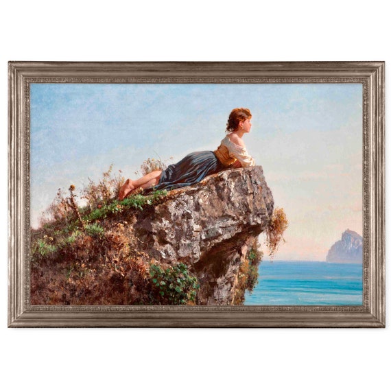 The Girl on the Rock, Antique Italian Landscape,  High Quality Fine Art Print, Sorento, Italy, Village Girl, Coast of Italy, 19th Century