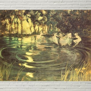 May include: A painting of a group of fairies dancing in a circle in a forest pond. The fairies are wearing white dresses and have long flowing hair. The pond is surrounded by trees and the water is a deep green color.