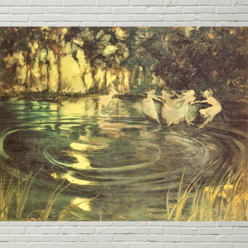 May include: A painting of a group of fairies dancing in a circle in a forest pond. The fairies are wearing white dresses and have long flowing hair. The pond is surrounded by trees and the water is a deep green color.