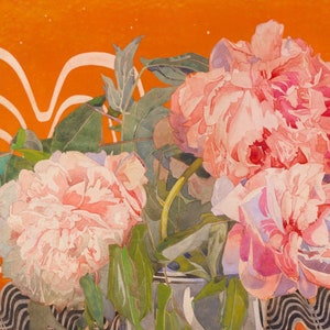 May include: A watercolor painting of pink peonies in a vase. The flowers are arranged in a bouquet with green leaves and stems. The background is a bright orange color.