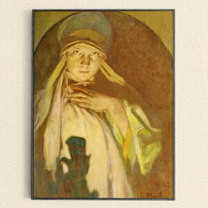 May include: An oil painting portrait of a person wearing a head covering and draped in white fabric. The person's hands are clasped near their chest. The painting has a dark frame and a warm color palette with shades of yellow, green, and brown.