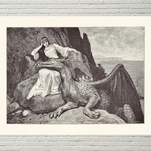 May include: A black and white line art illustration depicting a person in a long gown resting on a rocky outcrop beside a large, scaled dragon. The dragon has prominent wings and claws, while the person leans against the rock near the sea.