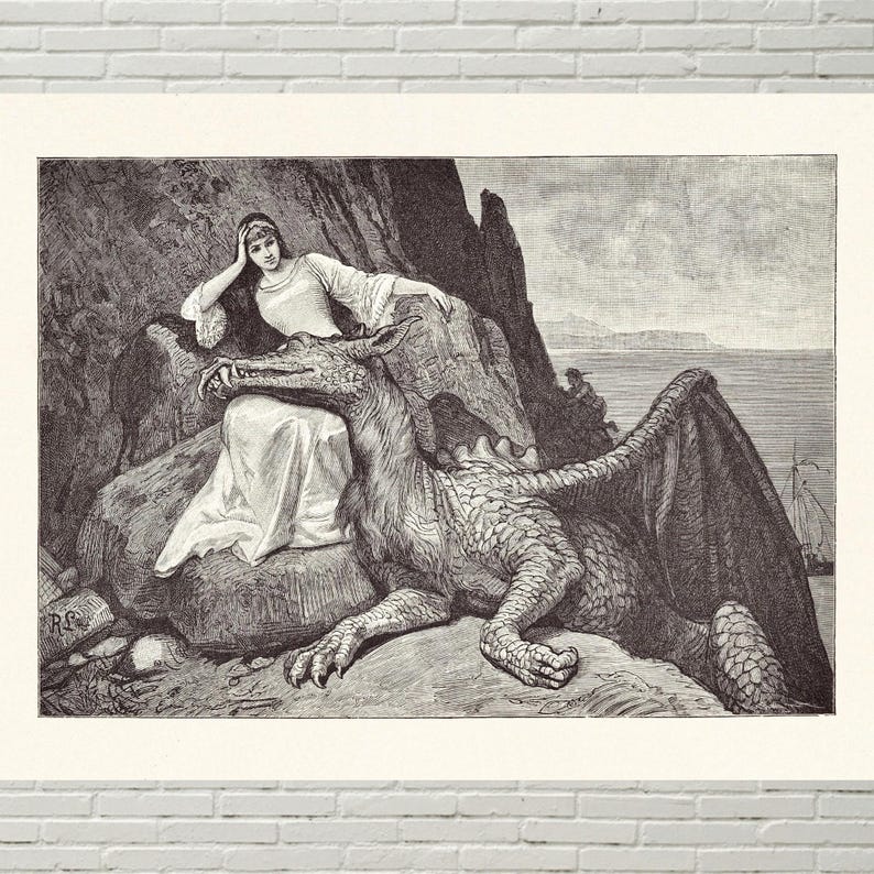 May include: A black and white line art illustration depicting a person in a long gown resting on a rocky outcrop beside a large, scaled dragon. The dragon has prominent wings and claws, while the person leans against the rock near the sea.