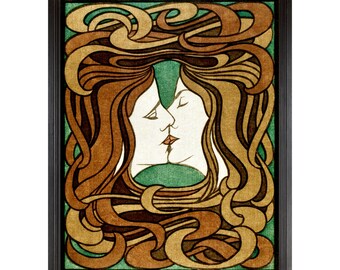 The Kiss, Art Nouveau Lesbian Art, Art Deco Poster Illustration, Two Women Kissing, Vintage Antique, Peter Behrens, Sapphic Wall Art, Green