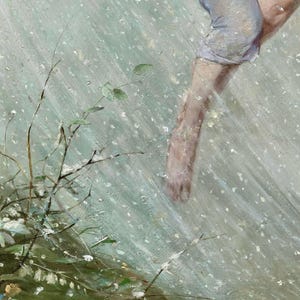 May include: An artistic painting depicts a leg and foot in a light blue garment, with a backdrop of a textured, light green and white background. The artwork includes detailed brushstrokes and a naturalistic style, with hints of foliage.