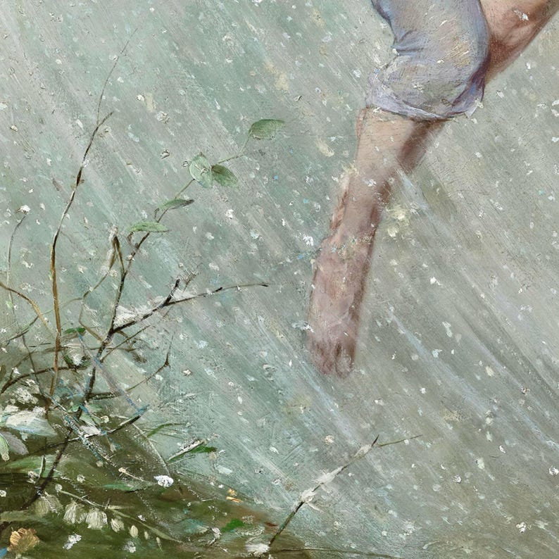 May include: An artistic painting depicts a leg and foot in a light blue garment, with a backdrop of a textured, light green and white background. The artwork includes detailed brushstrokes and a naturalistic style, with hints of foliage.
