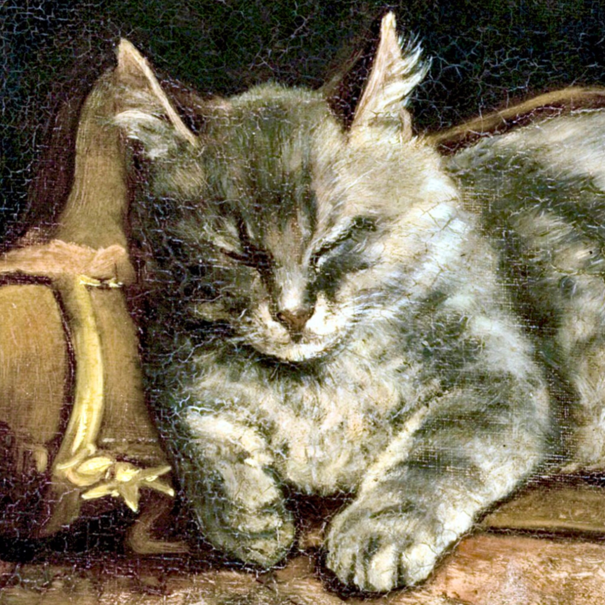 1864 Victorian Grey Tabby Cat and Rat Art Print, Old Cracked Painting ...