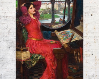 May include: A woman in a red dress sits in a room with a large window overlooking a medieval city. She is working on a tapestry with a loom. The tapestry features a colorful design with three circles.