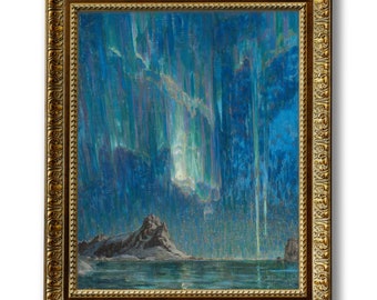 Northern Lights Painting, Norwegian Vintage Art, Fine Art Print, Antique Art, Blue Teal Painting, Anna Boberg, Scandinavian Vibrant Landcape