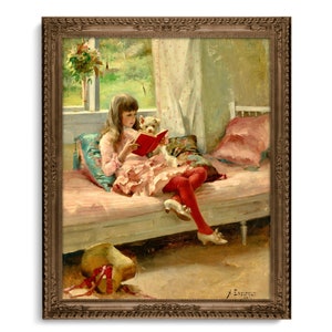 Girl with Her Little White Dog, Girl Reading Book, Albert Edelfelt, High Quality Fine Art Print, Victorian Child Painting, Pink Red
