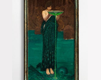 Circe Invidiosa, John William Waterhouse, Pre Raphaelite, Art Nouveau High Quality Art Print, Sorceress Witch Painting, Teal