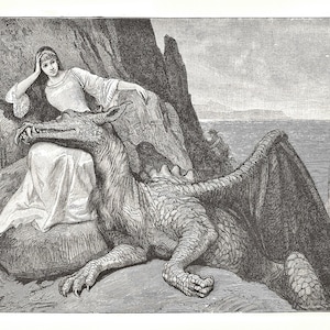 May include: A detailed black and white illustration depicts a woman in a flowing gown resting on a rock, with a large dragon beside her. The dragon has detailed scales and wings, with a mountainous backdrop and a body of water in the distance.