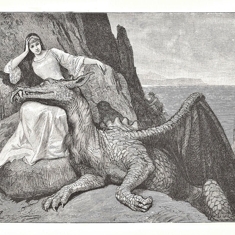 May include: A detailed black and white illustration depicts a woman in a flowing gown resting on a rock, with a large dragon beside her. The dragon has detailed scales and wings, with a mountainous backdrop and a body of water in the distance.
