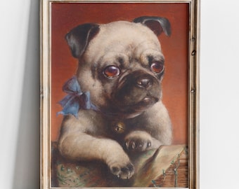 Arte de un lindo perro carlino victoriano, reproducción de pintura antigua vintage, arte de perrito, impresión artística de alta calidad, Carl Reichert, Mops Junior