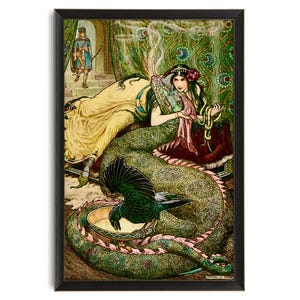 Vintage Princess Dragon and Raven Illustration Art, Fairytale Art, Antique Lithograph Print, Raven Art Print, Dragon Art Print, Frank Pape
