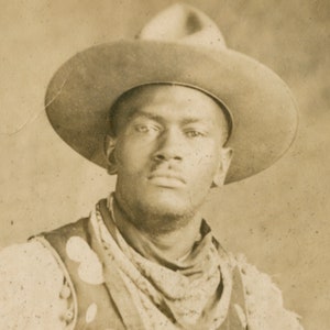 Black Cowboy Antique Postcard Photo, Western Cowboy Art, Reproduction Black and White Photograph, Wild West, Old West, African American image 5