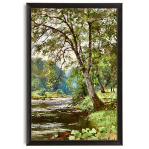 Wooded Riverbank Landscape, 19th Century Painting Art Print, Peaceful River with Trees Art Print, Yeend King, Landscape Painting, Antique