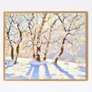 Snowy Landscape with Trees, Snow with Sunlight and Shadows Painting Art Print, Winter Landscape, Sunny Winter Landscape, Ivan Choultse