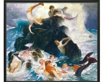 Mermaids at Play, Antique Mermaid Painting, Arnold Bocklin, High Quality Fine Art Print, Victorian Mermaid Art, Cute Silly Mermaid Print