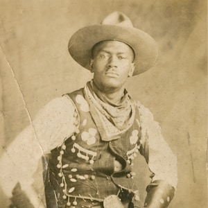 Black Cowboy Antique Postcard Photo, Western Cowboy Art, Reproduction Black and White Photograph, Wild West, Old West, African American image 4