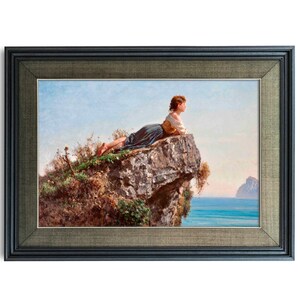 May include: A painting depicting a woman in a blue dress reclining on a rocky outcrop overlooking a stretch of water. The sky is blue with clouds in the distance. The woman is gazing out at the water.