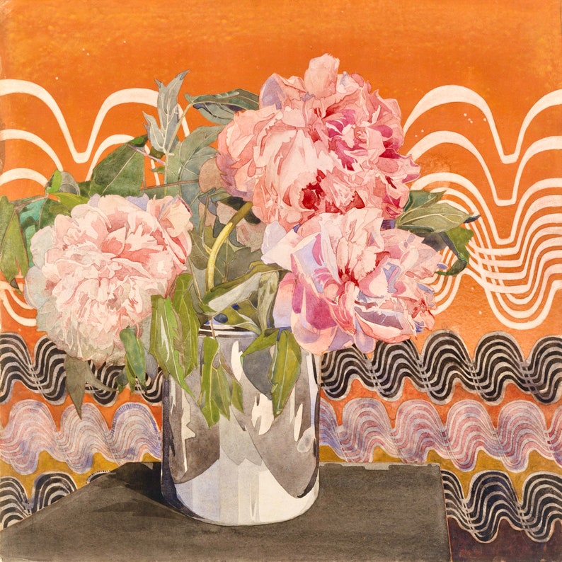 May include: A watercolor painting of pink peonies in a silver vase against a background of orange and black wavy lines.