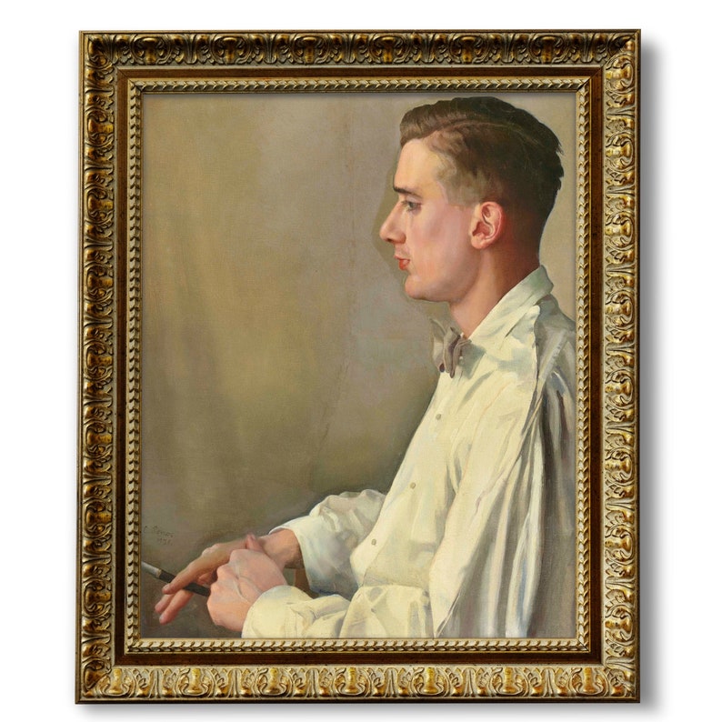 May include: A framed oil painting of a man in a white shirt with a bow tie. The man is looking to the left and holding a cigarette in his right hand. The painting is set against a light brown background.