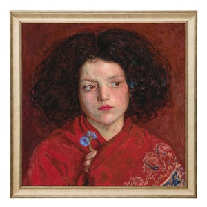 May include: A painting of a young girl with dark curly hair wearing a red robe with a blue and gold pattern. She is holding a small bouquet of blue flowers in her right hand.