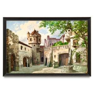 Castle Art, Reproduction Antique Sketch for Theater Stage Design, Castle Landscape, Carl Grabow, Castle Painting, Medieval Art