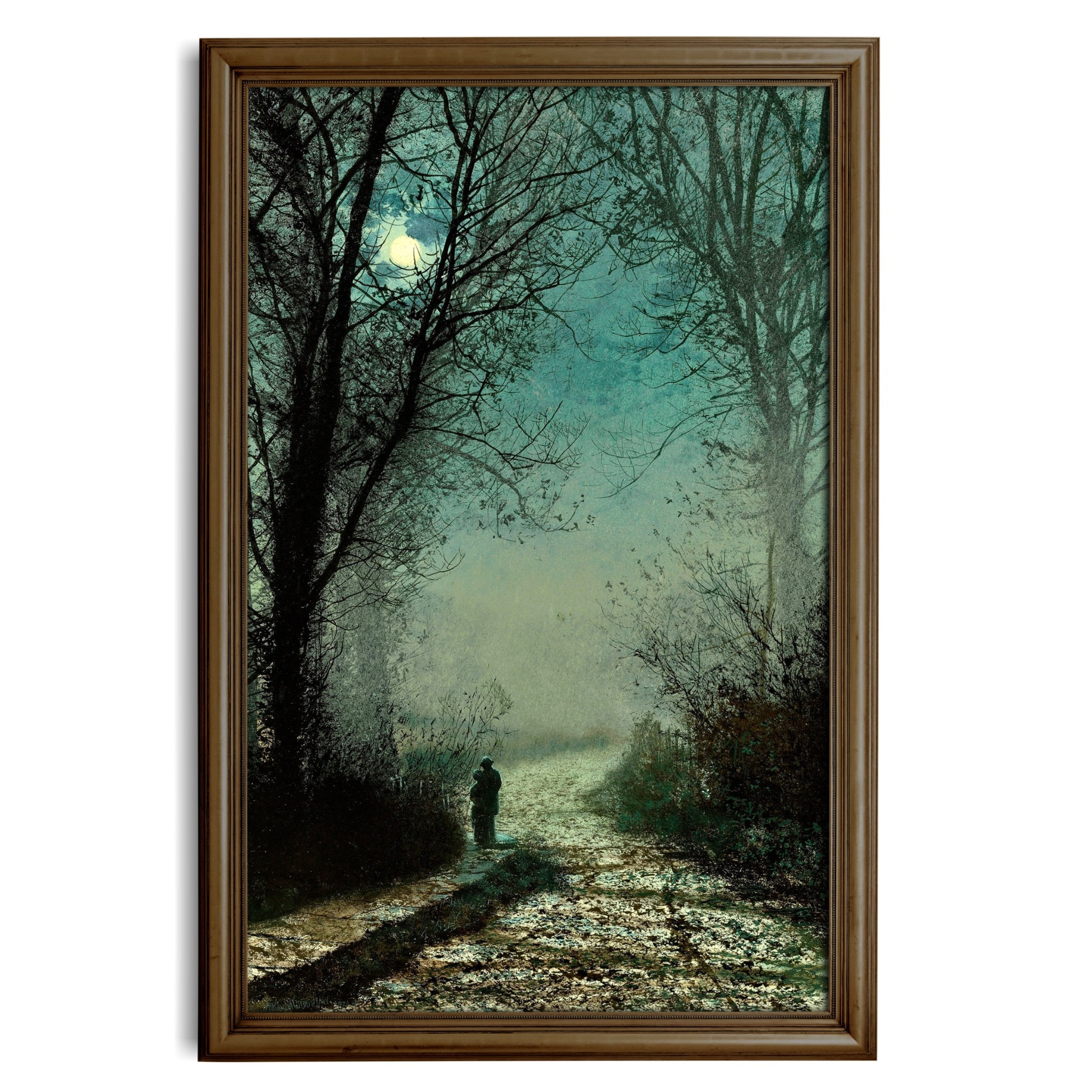 Lovers on a Moonlit Lane, John Atkinson Grimshaw, High Quality Fine Art Print, Romantic Moonlight Painting, Teal Night Landscape with Lovers