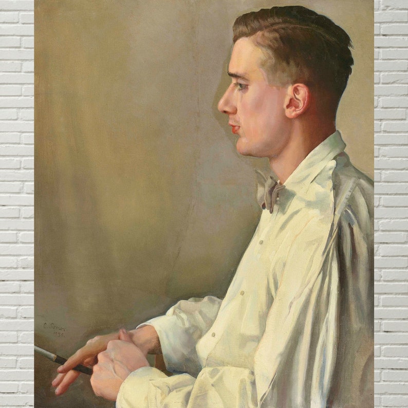 May include: A painting of a man in a white shirt with a bow tie. He is sitting with his right hand resting on his left hand, holding a thin, white object. The background is a light brown color.