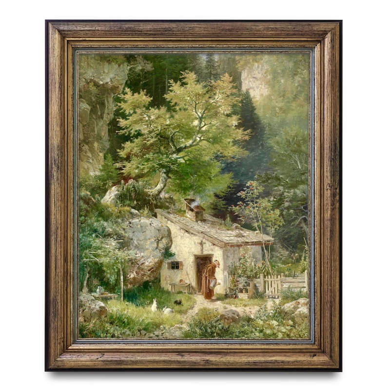 May include: A painting of a small, white cottage nestled in a lush green forest. A figure in a brown robe stands near the cottage, holding a watering can. The scene is bathed in warm sunlight, creating a peaceful and serene atmosphere.