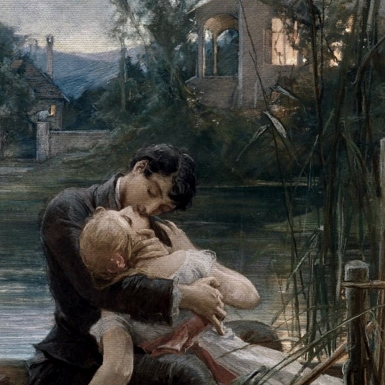 May include: A painting of a couple kissing by a lake. The man is wearing a dark suit and the woman is wearing a white dress. The background is a lush green forest with a house in the distance.
