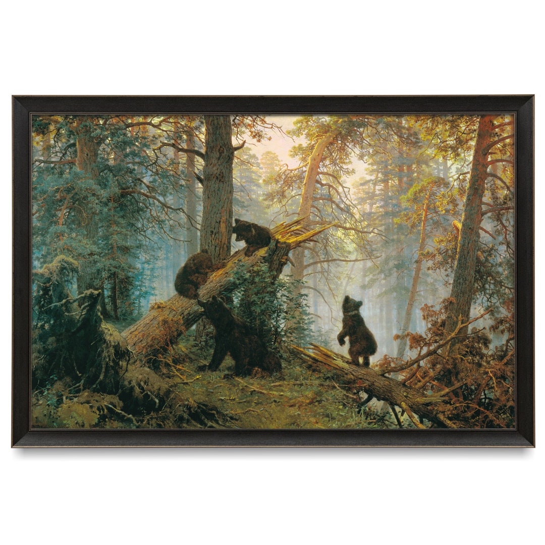 Vintage Painting Bears in the Woods, Antique Bear and Cubs in Pine ...