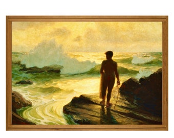 Hawaiian Fisherman, Vintage Hawaiian Art, Hawaii Art Print, Hawaiian Ocean Painting, Native Hawaiin Man, 1920s Art, Lionel Walden, Waves