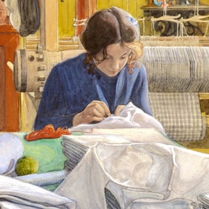 May include: A young person in a blue sweater sits at a table sewing a white fabric. The table is covered in white fabric and a red spool of thread. There is a green apple on the table.