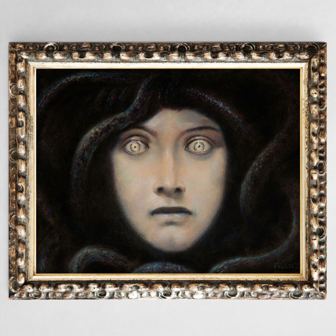 Antique Gothic Horror Painting, Head of Medusa, High Quality Fine Art