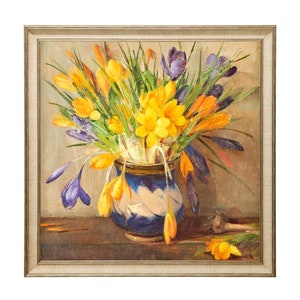 Still Life with Yellow and Purple Crocus, Square Art Print, Yellow and Purple Flowers, Vintage Floral Painting, Marta Rudbeck, Swedish Art