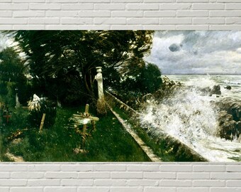 Seaside Cemetary, Dark Gothic Landscape, 19th Century Painting Art