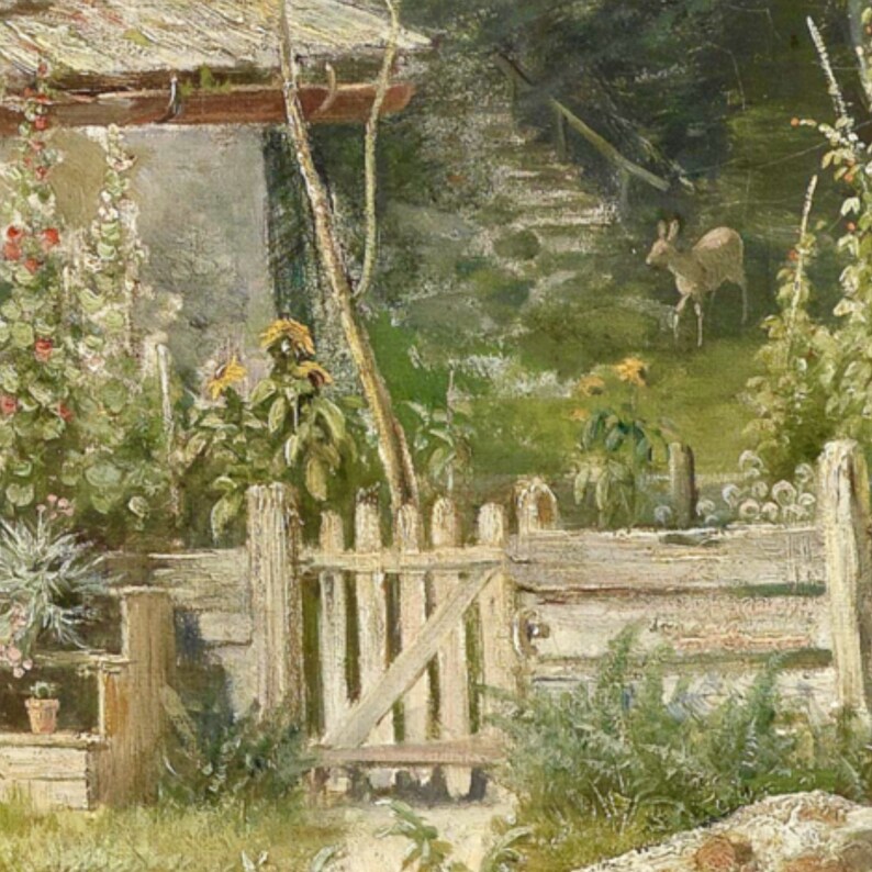 May include: A painting of a rustic wooden fence with a small gate leading into a garden. The fence is painted white and has a weathered look. There are green plants and flowers growing in the garden, and a small deer is standing in the background.