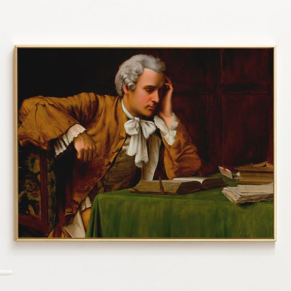 Colonial Man Reading, Antique Painting, Man in Powdered Wig, 17th Century, 18th Century Man, High Quality Fine Art Print, Man with Books